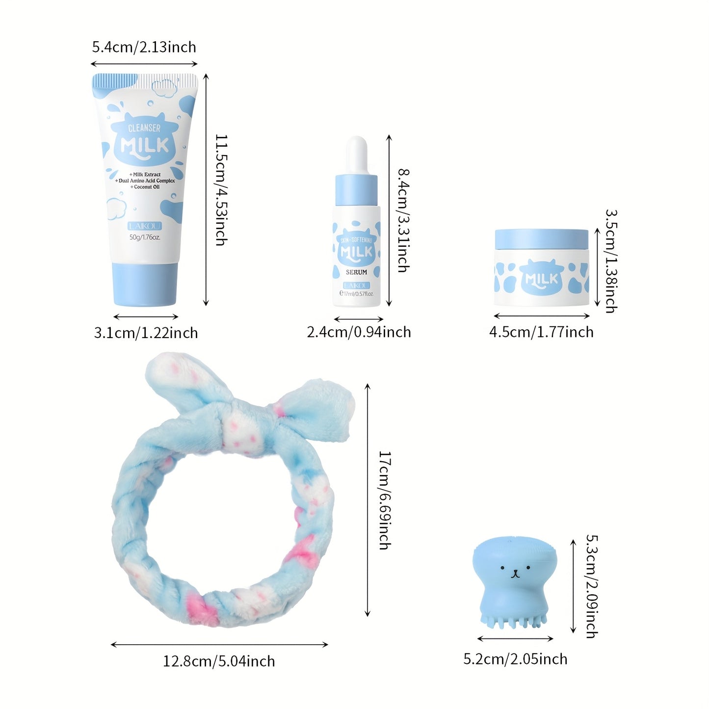 LAIKOU Milk Skincare Set 5pcs Hypoallergenic Moisturizing Face Care Routine Cleanser Serum Face Cream Cleansing Brush Hairband for All Skin Types Men Women Day Night