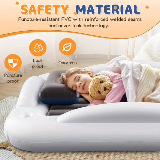 Kids Inflatable Travel Bed – Portable Children Air Mattress with Fast Inflation, Separate Mattress Design, for Home Camping Vacation Grandma's, Ages 3-10, Blue Grey