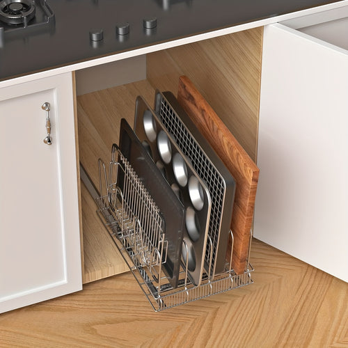 1pc Pots and Pans Organizer Under Cabinet, Pot and Pan Organizer with 10 Adjustable Dividers, Universal, Pull Out Cabinet Organizer for Pot Lid Cutting Board Bakeware Tray, 11" W*17.5" D*8.3" H
