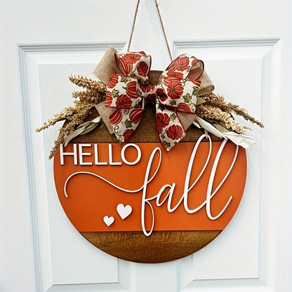 Hello Fall 3D Door Hanger – Autumn Harvest Pumpkin Wheat Bow Fall Wreath Door Sign Seasonal Home Decor