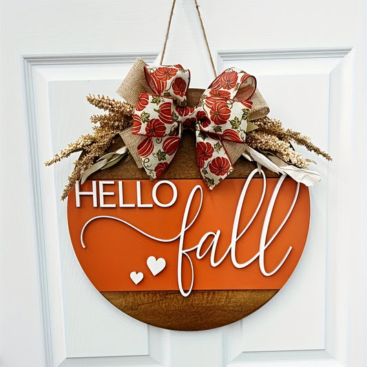 Hello Fall 3D Door Hanger – Autumn Harvest Pumpkin Wheat Bow Fall Wreath Door Sign Seasonal Home Decor