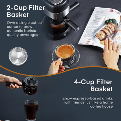 Espresso Machine 3.5 Bar Steam 4 Cup Cappuccino Maker with Milk Frother Stainless Steel Latte Maker Home Coffee Machine One-Touch Brewing for Espresso Cappuccino Latte