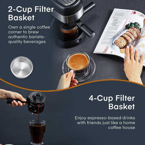 Espresso Machine 3.5 Bar Steam 4 Cup Cappuccino Maker with Milk Frother Stainless Steel Latte Maker Home Coffee Machine One-Touch Brewing for Espresso Cappuccino Latte