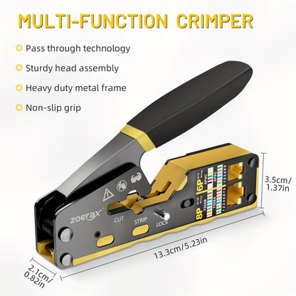 RJ45 Crimping Tool Kit Ethernet - CAT5/CAT5e/CAT6 Pass Through Crimper with Cable Tester, Wire Stripper, Pliers, Spare Blades, 50pcs CAT6 Connectors & Strain Relief Boots, Network Cable Kit