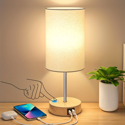 1/2pcs Bedside Table Lamp for Bedroom - 3 Way Dimmable Touch Lamp USB C Charging Ports, Small Lamp Wood Base Round Shade for Living Room, Desk, A19 LED Bulb Included