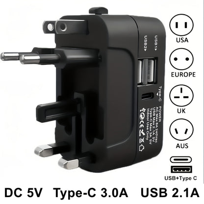 Universal Travel Adapter with Surge Protection - 2 USB & Type-C Ports, All-in-One International Plug for 350+ Countries, 100-240V Input, Fast Charging, Compact Lightweight Design, White & Black
