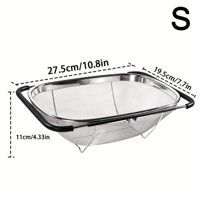 Expandable Stainless Steel Filter Over the Sink Colander - Strainers and Colanders - Sink Strainer Basket - Expandable Fine Mesh Strainer with Rubber Grip for Veggie, Fruits, Pasta, Home Kitchen Essentials
