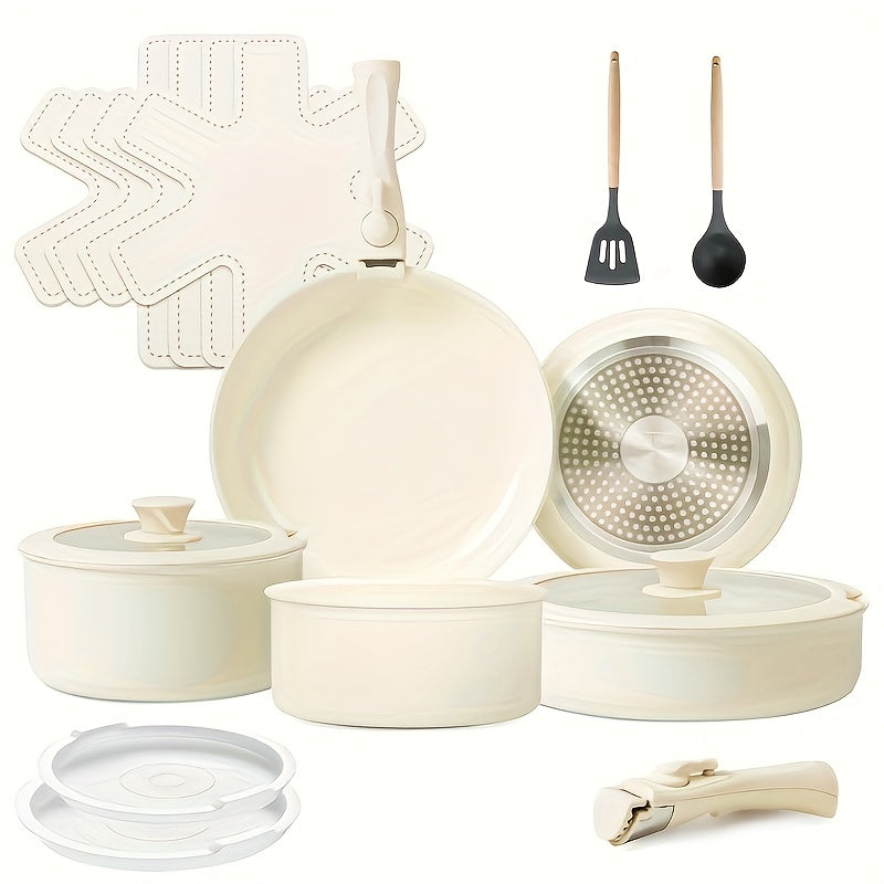 17pcs Ceramic Nonstick Kitchen Pots And Pans Set Cookware Sets With Removable Handles, Non-toxic Essential RV Kitchen Set, Oven & Dishwasher Safe, Stackable, Induction Ready, Including Frying Pans, Sauce Pans, Beige, PFOA Free