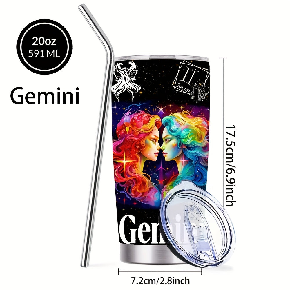 Zodiac Sign Design Coffee Mug, 304 Stainless Steel Insulated Tumbler With Lid & Straw, Beverage Container Or Travel Cup For Hot & Cold Drinks, 20oz Camping Drinkware, Ideal Gift For Men, Women, Birthday, Holiday, Parties, Thanksgiving Day, Christmas