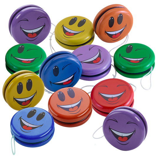 Metal Smiley Faces Yo-Yos 2 Inch - Assorted Colors Emoticon - Bulk for Beginners, Ideal for Party Favors, Party Bag Collection, Birthday, Giveaways