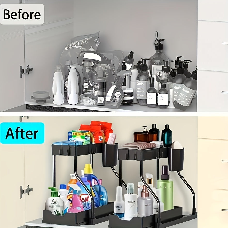 1pc Under Sink Organizer, 2 Tier Sliding Cabinet Basket Organizer With Hooks, Multifunctional Under Sink Organizer For Bathroom Kitchen, Shelves
