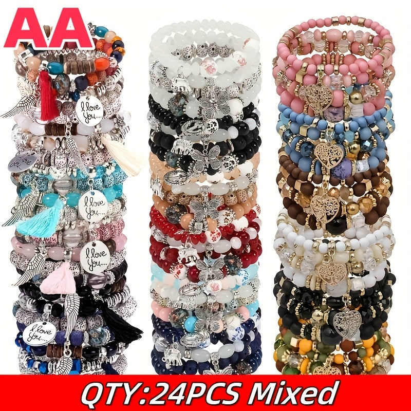 Bohemian Beaded Bracelet Set 24pcs – Multi-Layer Wooden Bead Elastic Bracelets with Butterfly Elephant Tree Pendant, Handmade Colorful Tassel Wristbands for Women Men, Party Gift & Daily Wear