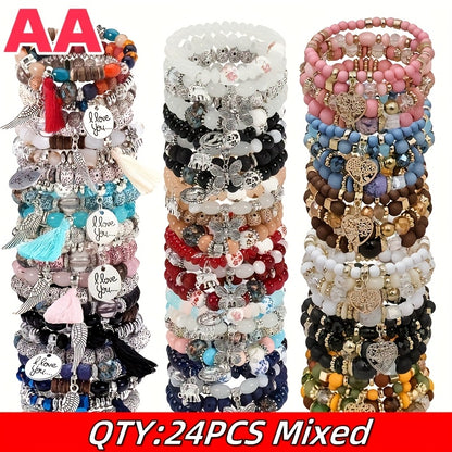 Bohemian Beaded Bracelet Set 24pcs – Multi-Layer Wooden Bead Elastic Bracelets with Butterfly Elephant Tree Pendant, Handmade Colorful Tassel Wristbands for Women Men, Party Gift & Daily Wear