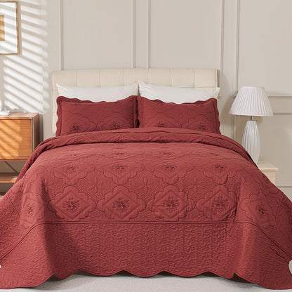 3pcs Exquisitely Crafted King/ Queen Size Quilted Bedspread Set with Intricate Floral Embroidery - 100% Polyester, Wrinkle - Resistant, Lightweight, Perfect for Adding A Touch of Elegance To Your Bedroom Decor