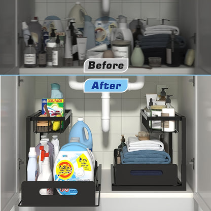 Two-Level Organizers for Under The Sink, Featuring a Sliding Pull-Out Shelf Made of Metal, Ideal for Organizing Kitchen, Bathroom, Pantry, Or Closet Spaces (Available in 1-Pack Or 2-Pack), Under Sink Bathroom Cabinet, Under Sink Cabinet Bathroom, Under Si