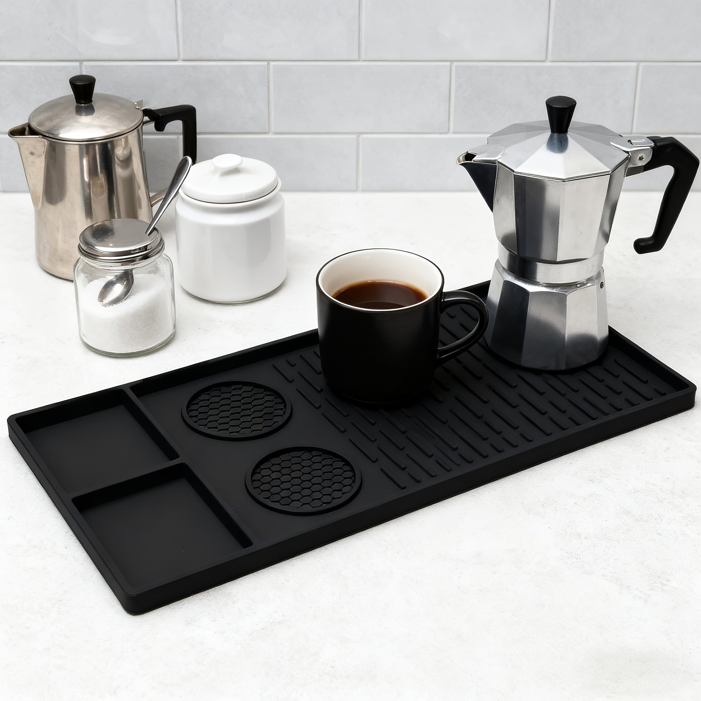 Silicone Coffee Mat with Raised Edges, 2in 1 Coffee Bar Mat for Countertops, Coffee Bar Accessories Fit Under Coffee Maker Espresso Machine, Dish Drying Mat (Black, 23.6'' X 15.7'') Dish Drying Mats