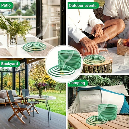 A Box Containing 48 Citronella Essential Oil Incense Coils, Complete with a Complimentary Incense Holder, Ideal for Outdoor Activities Such As by The Pool, on The Patio, Porch, Deck, Or During Camping And Hiking, Featuring Lemongrass