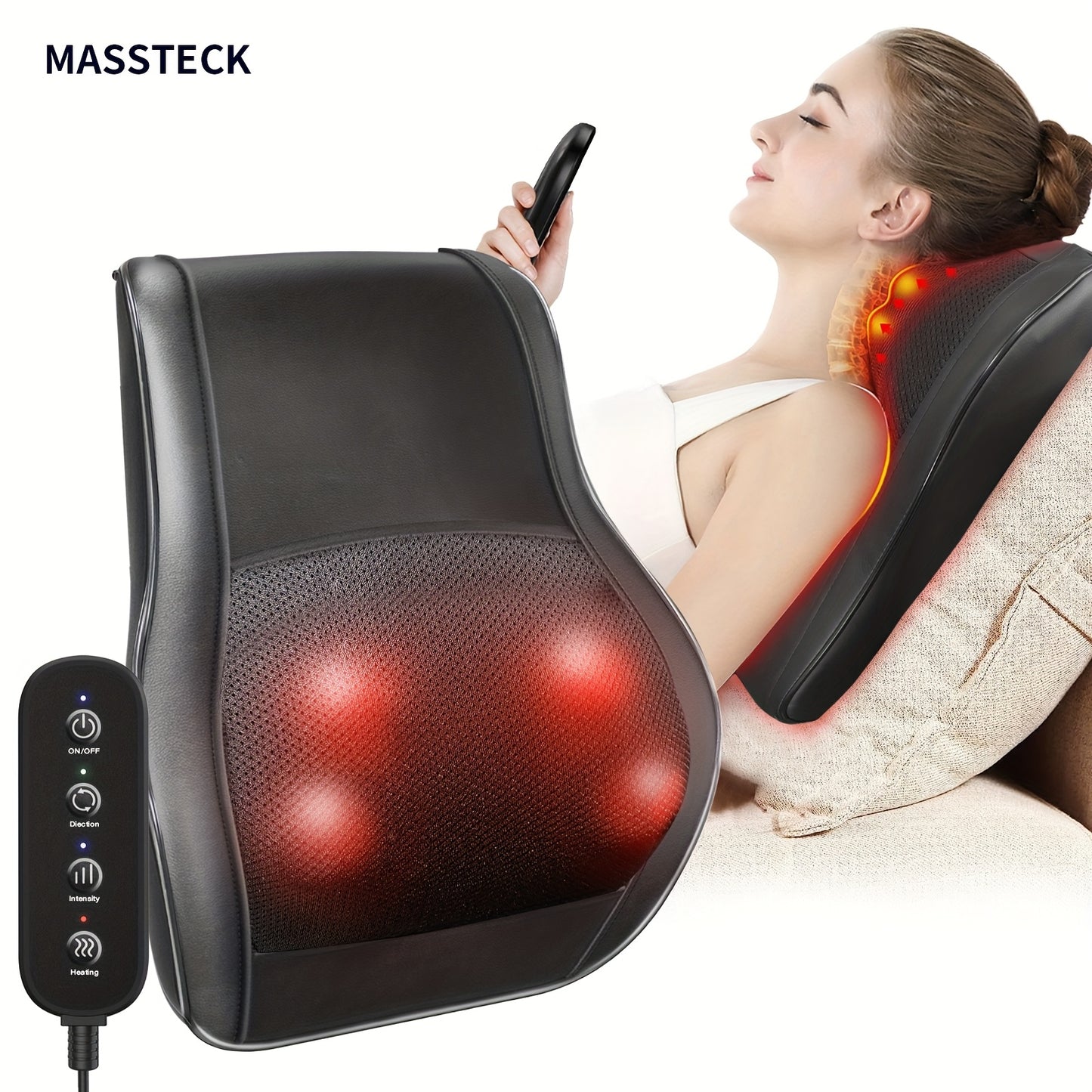 MASSTECK Shiatsu Back Massager with Heat, Deep Tissue for Neck, Shoulders And Back, 3 Massager Modes And 2 Heating Levels, 3D Kneading Massage for Body, Massager Gifts for Mom, Dad, Women