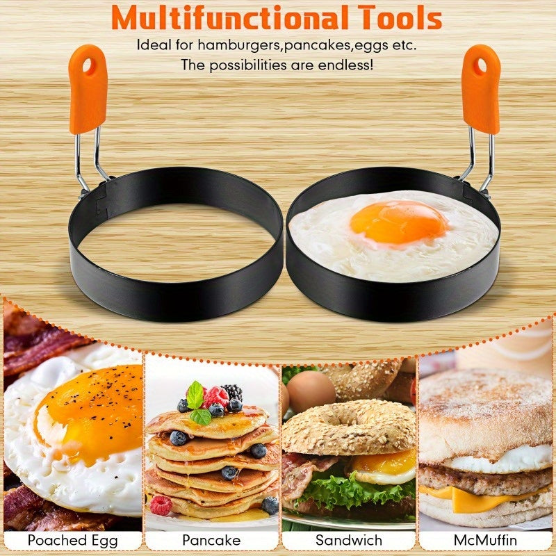 Professional Egg Ring & Pancake Ring Set - Heavy-Duty Non-Stick Breakfast Cookware with Orange Silicone Handle, Round Griddle Shapers for Omelettes, Sandwiches, Pancakes - Even Heating, Easy Flip & Clean, Durable Kitchen for Home & Commercial Use