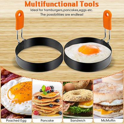 Professional Egg Ring & Pancake Ring Set - Heavy-Duty Non-Stick Breakfast Cookware with Orange Silicone Handle, Round Griddle Shapers for Omelettes, Sandwiches, Pancakes - Even Heating, Easy Flip & Clean, Durable Kitchen for Home & Commercial Use