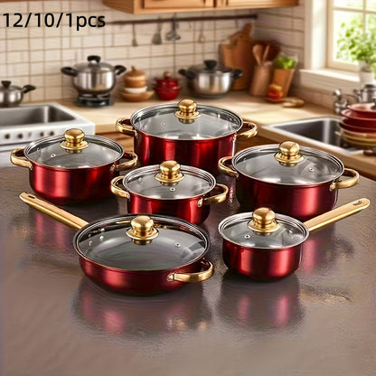 12/10/1pc Stainless Steel Cookware Set, Deep-Sided Pots with Lids And Dual Handles, Ideal for Soup, Hot Pot, Pasta, And Seafood Stews, Suitable for Oven, Perfect for Home And Restaurant Cooking. It Is The Best Choice for Gifting