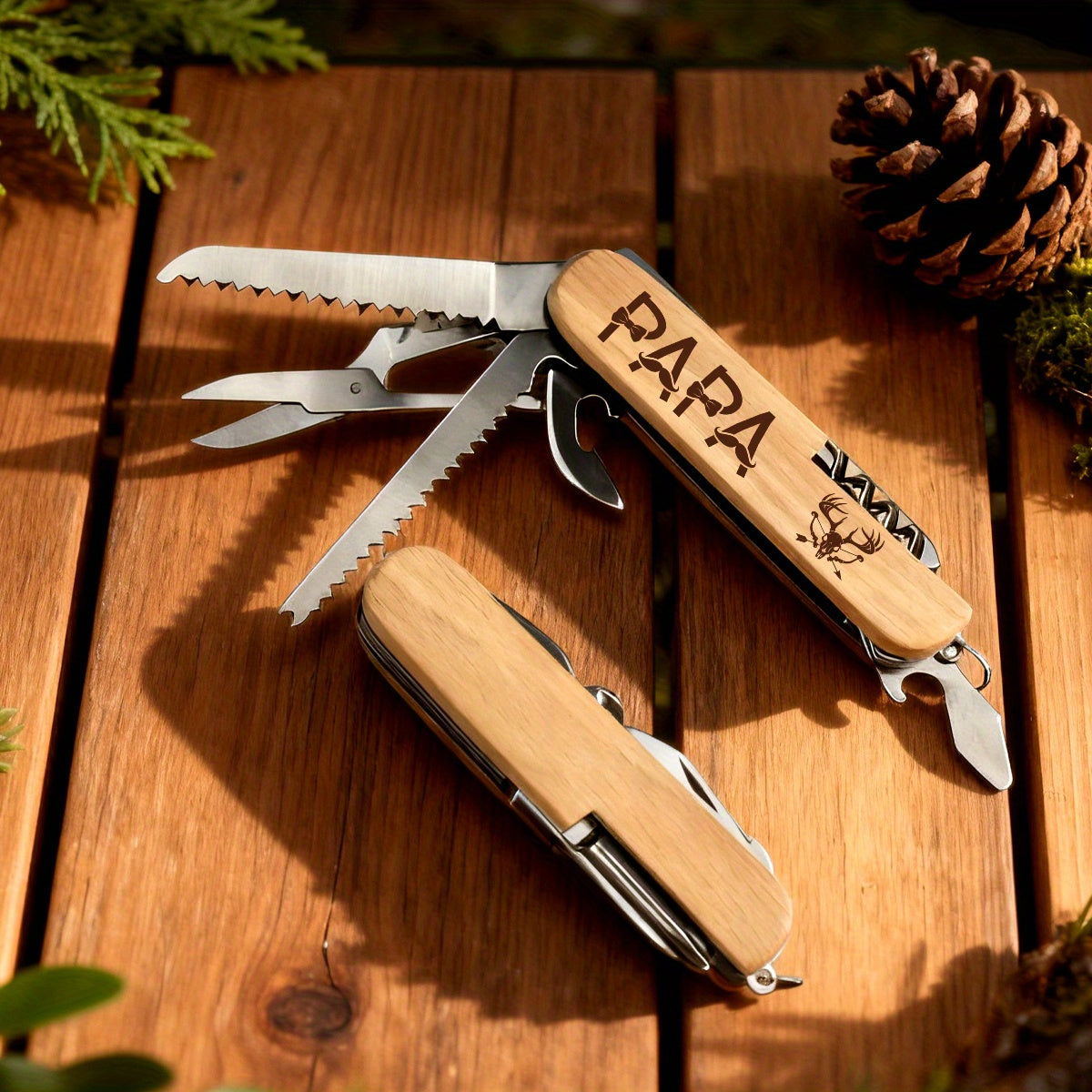 1pc 9in 1 Multi Purpose Key Ring Tool with Scissors, Screwdriver and Bottle Opener Etc. Wood Handle Portable and Utility Tool for Home, Camping, Emergency Lightweight and Durable Design, Camping Essential, Camping Accessories