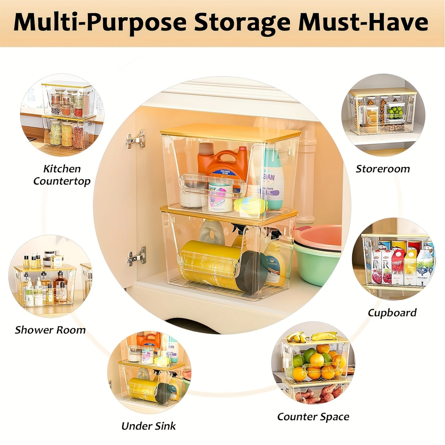 Stackable Kitchen Food Storage Organizer Boxes Clear Acrylic 2 Pack | Extra Large Transparent Produce Storage for Onions Potatoes Fruits Vegetables | Cabinet Pantry Space Saver with Garbage Bags