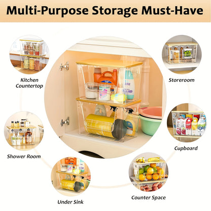 Stackable Kitchen Food Storage Organizer Boxes Clear Acrylic 2 Pack | Extra Large Transparent Produce Storage for Onions Potatoes Fruits Vegetables | Cabinet Pantry Space Saver with Garbage Bags