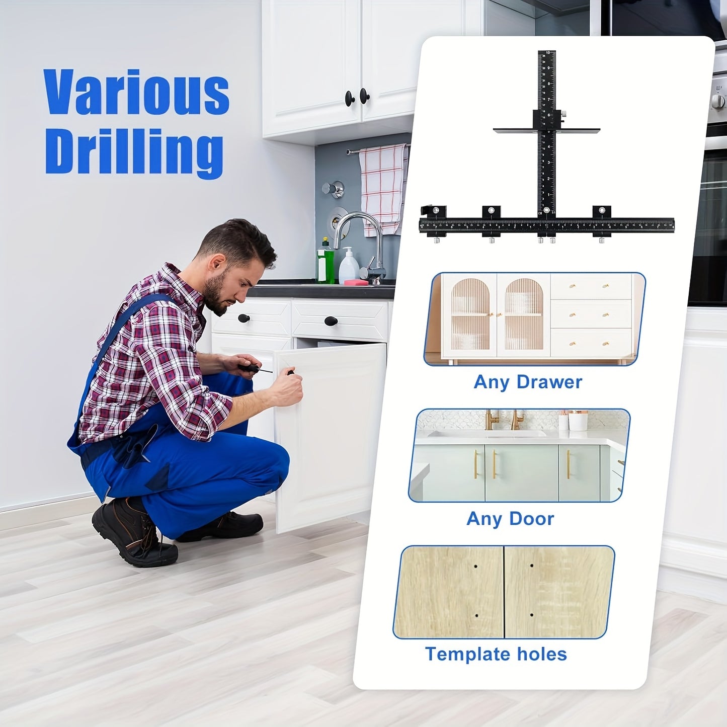 Cabinet Hardware Jig Aluminum Alloy Adjustable Drill Guide Template for Cabinet Door Handle Drawer Pull Installation CNC Precision Woodworking Positioning Fixture Tool