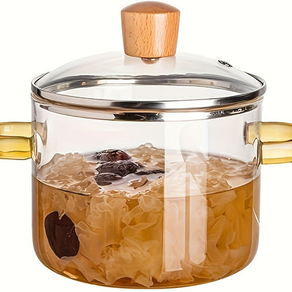 54oz Boric Acid Glass Cooking Pot with Yellow Handle, Heat-resistant Transparent Dumpling Pot, Suitable for Stove and Oven, Perfect for Homes and Restaurants, Perfect for Soup and Milk Ramen, Easier to Clean Odorless Kitchen Essentials