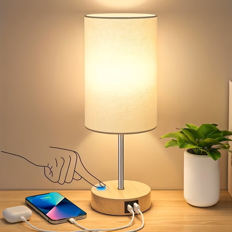 1/2pcs Bedside Table Lamp for Bedroom - 3 Way Dimmable Touch Lamp USB C Charging Ports, Small Lamp Wood Base Round Shade for Living Room, Desk, A19 LED Bulb Included