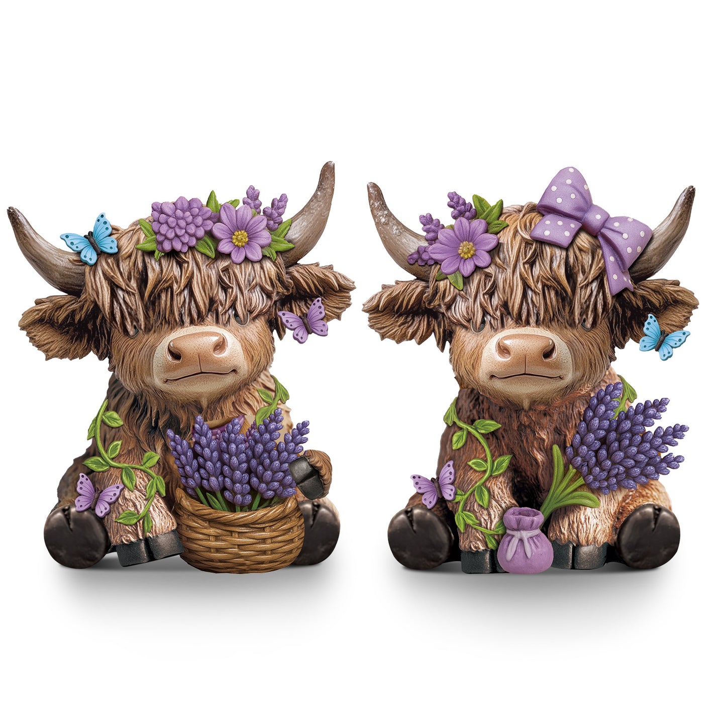 2pcs Scottish Highland Cow Figurines with Lavender - Resin Calf Statue Suitable for Home Garden Office Decor, Spring Table Centerpiece, Scottish Gnome Gifts for, Shelf Tray Display, Lavender-Themed Scottish Cow Statues