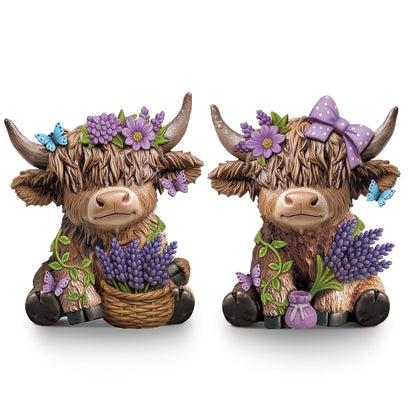 2pcs Scottish Highland Cow Figurines with Lavender - Resin Calf Statue Suitable for Home Garden Office Decor, Spring Table Centerpiece, Scottish Gnome Gifts for, Shelf Tray Display, Lavender-Themed Scottish Cow Statues