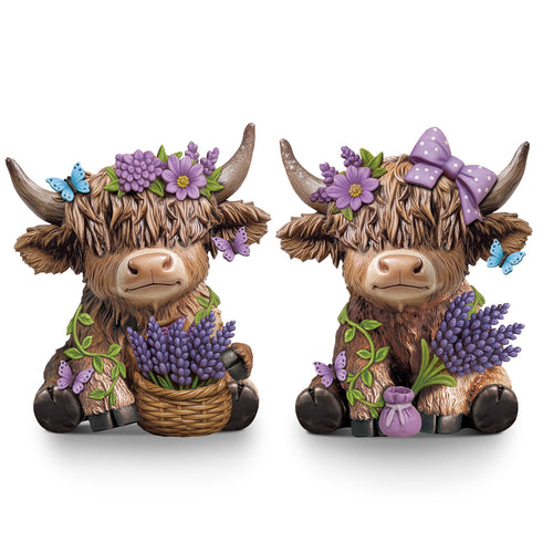2pcs Scottish Highland Cow Figurines with Lavender - Resin Calf Statue Suitable for Home Garden Office Decor, Spring Table Centerpiece, Scottish Gnome Gifts for, Shelf Tray Display, Lavender-Themed Scottish Cow Statues