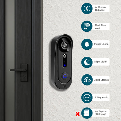 Wireless Doorbell Camera 1080P, Video Doorbell with Cloud Storage, Alert, Night Vision, Motion Detection, Two Way Audio, Indoor Chime, 2.4G