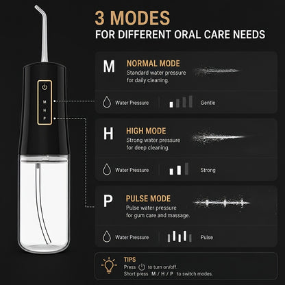 Water Flosser Portable Oral Irrigator – 360° Rotating Nozzle, 3 Pressure Modes, 4 Nozzle Tips, Rechargeable Cordless Teeth Cleaner for Travel & Daily Use