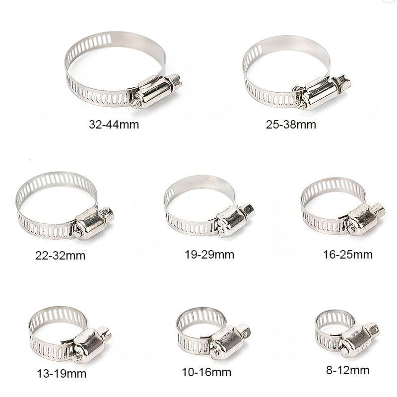 Stainless Steel Hose Clamps 100-Pack Assortment Kit - Multiple Universal Sizes Adjustable Hose Clips for Fuel Line Plumbing Automotive Garden Marine HVAC, Heavy Duty with Storage Case, Silver