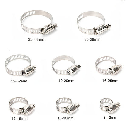 Stainless Steel Hose Clamps 100-Pack Assortment Kit - Multiple Universal Sizes Adjustable Hose Clips for Fuel Line Plumbing Automotive Garden Marine HVAC, Heavy Duty with Storage Case, Silver