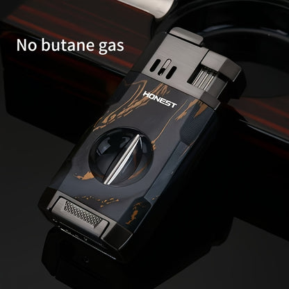 Cigar Torch Lighter with V-Shaped Cigar Cutter Built-in Clip Dual Windproof Jet Flame Visible Gas Window Integrated Cigar Lighter for Men Butane Gas Not Included