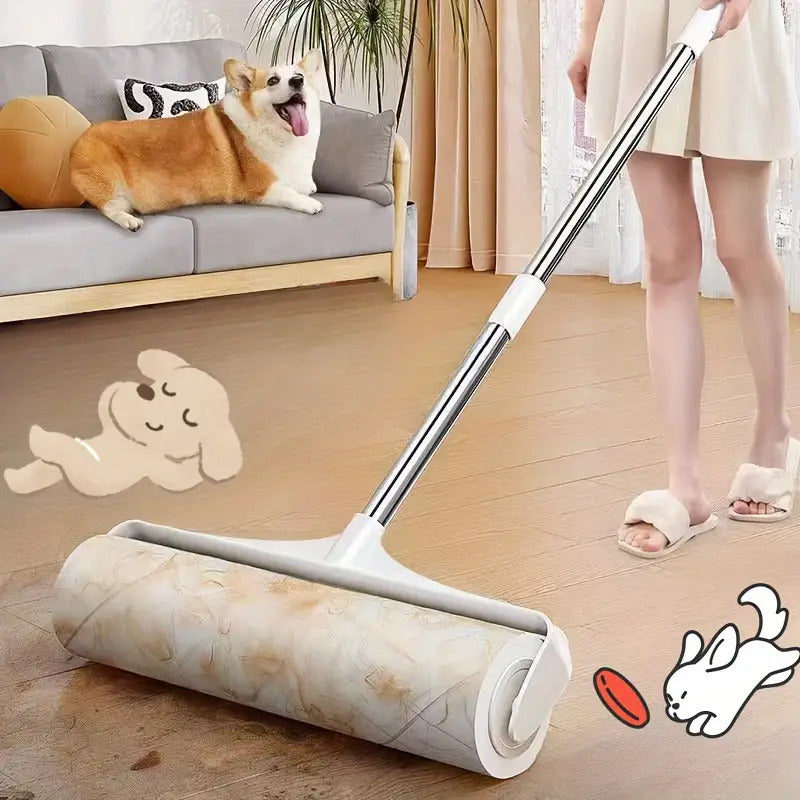 Pet Hair Removal Set 4 Piece Extendable Mop Brush with 3 Sticky Roller Refill Rolls for Floor Sofa Carpet Furniture Lint Roller Mop Combo for Dog Cat Hair Cleaning Home Use