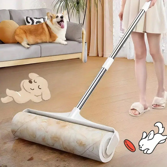 Pet Hair Removal Set 4 Piece Extendable Mop Brush with 3 Sticky Roller Refill Rolls for Floor Sofa Carpet Furniture Lint Roller Mop Combo for Dog Cat Hair Cleaning Home Use