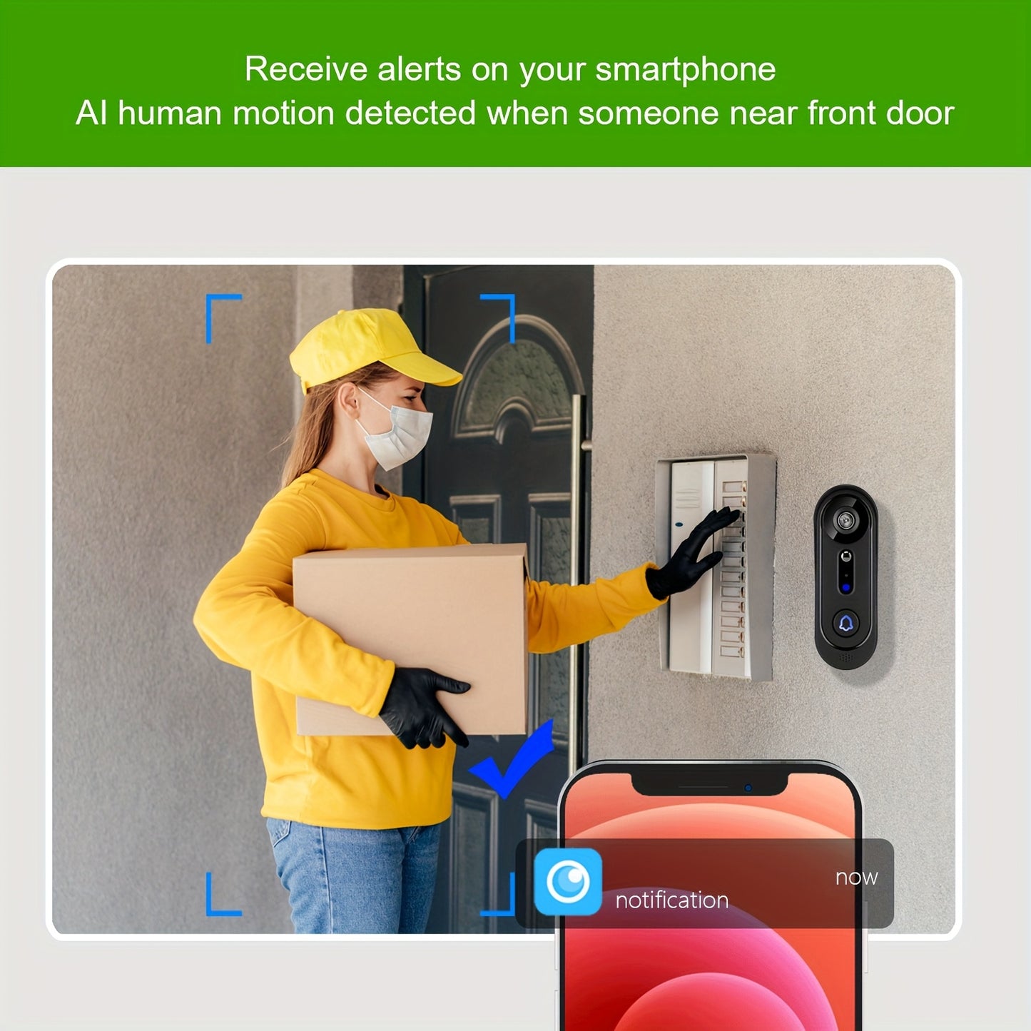 Wireless 1080P Doorbell Camera, Alert, Night Vision, Motion Detection, Indoor Chime, Two-Way Audio, Battery Powered, 2.4Ghz Solely, Cloud Storage