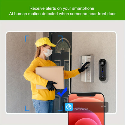Wireless 1080P Doorbell Camera, Alert, Night Vision, Motion Detection, Indoor Chime, Two-Way Audio, Battery Powered, 2.4Ghz Solely, Cloud Storage
