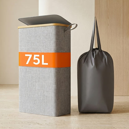 Slim Laundry Hamper With Lid, Narrow Laundry Basket With Removable Bag & Bamboo Handles, Fodable Thin Dirty Clothes Hamper, Laundry Collapsible Bin For Bathroom Bedroom Dorm, Room Decor, Storage And Organization, 13.21gal/17.17gal/19.81gal, Laundry Hamper