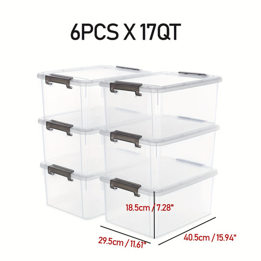 6 Transparent Plastic Storage Bins with Lids, Stackable Storage Containers with Safety Locks, Suitable for Heavy-duty Storage in Homes, Offices, Garages, and Basements, Durable Office Storage Bins, 17QT/21QT