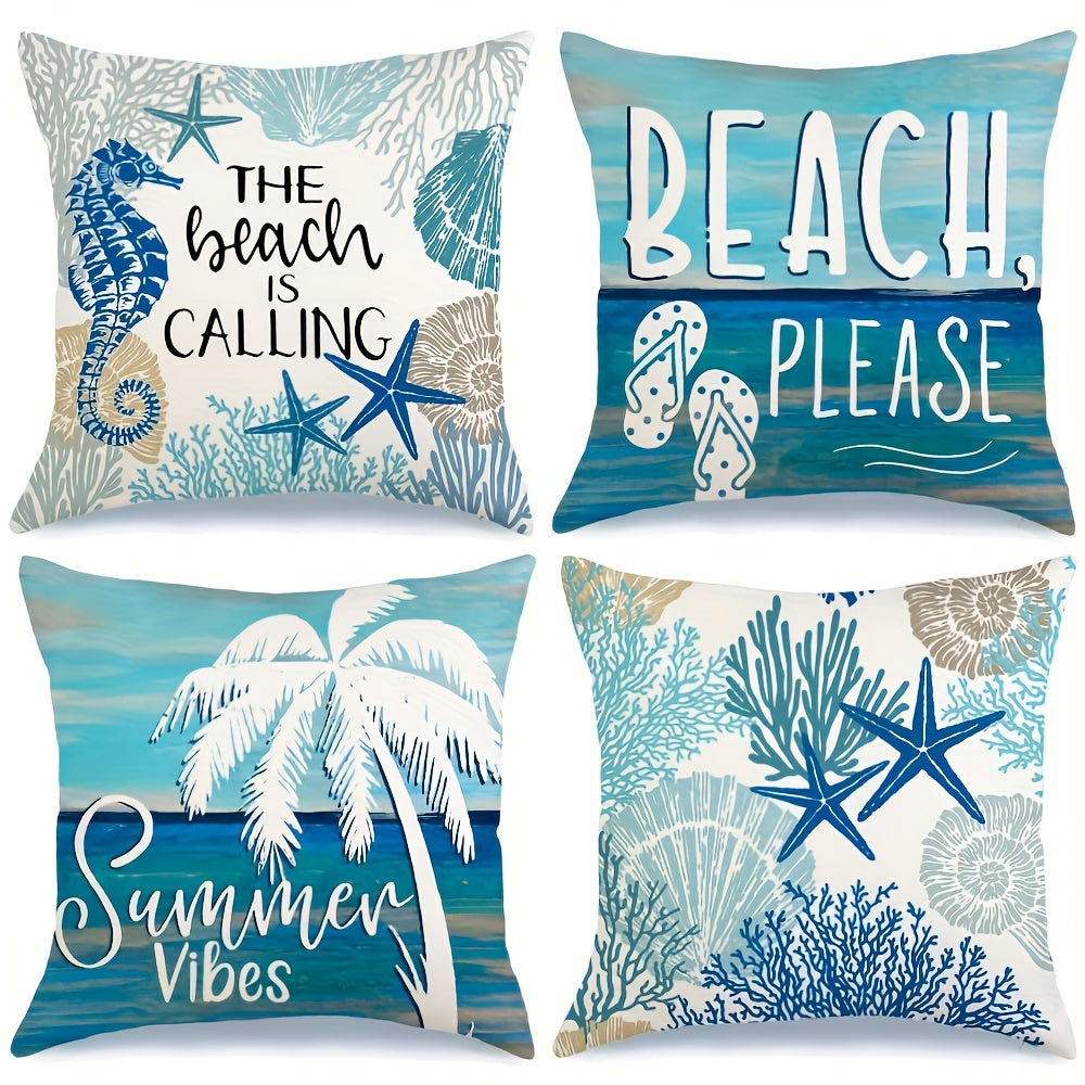 4pcs Set, Summer Ocean Beach Style Pillowcase, 18 Inches, Marine Life Shells Starfish Seahorse Turtle Coastal Outdoor Decorative Pillowcase