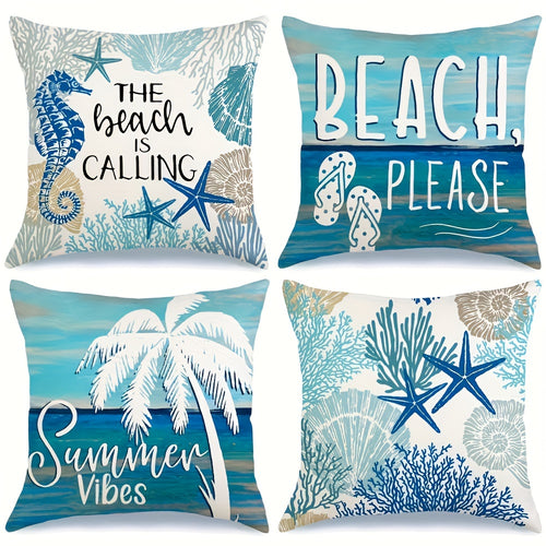 4pcs Set, Summer Ocean Beach Style Pillowcase, 18 Inches, Marine Life Shells Starfish Seahorse Turtle Coastal Outdoor Decorative Pillowcase