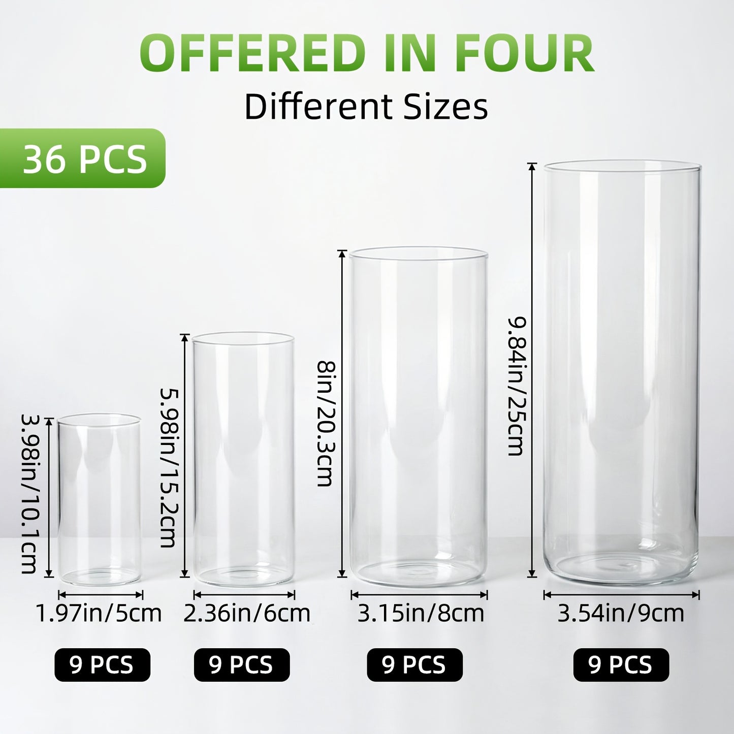 TOMNK 12/24/36/48pcs Clear Glass Candle Holder Cylinder Vases, 4, 6, 8, 10 Inch Tall Cylinder Vases for Candle, Glass Candle Vase, Hurricane Floating Candle Holder Vase for Table Shelf, Party, Wedding, Home Decor