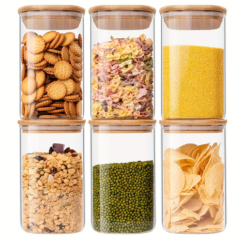Glass Food Storage Jars 37oz 6pcs Set, Glass Storage Containers with Clear Glass Jars, Bamboo Lids, for Storing Tea, Coffee, Flour, Sugar, Candy, Cookies, Spices, Etc., Kitchen, Christmas, Halloween Candy (Square)