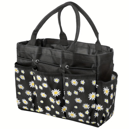Garden Tool Bag with Handle – Heavy Duty Multi-Pocket Organizer, Large Capacity Tool Storage Carrier Bag for Gardening, Lawn Care, Camping & Outdoor Work, Portable Daisy Pattern Tote (No Tools Included)